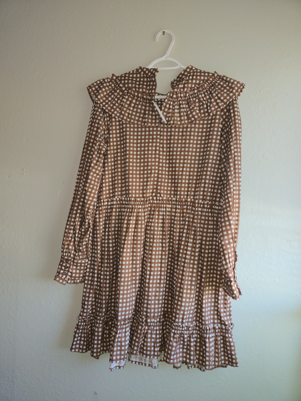 Anthropologie Porridge Dress Large L Brown Gingham Ruffle Plaid Mini Tiered NWT - Picture 5 of 14
